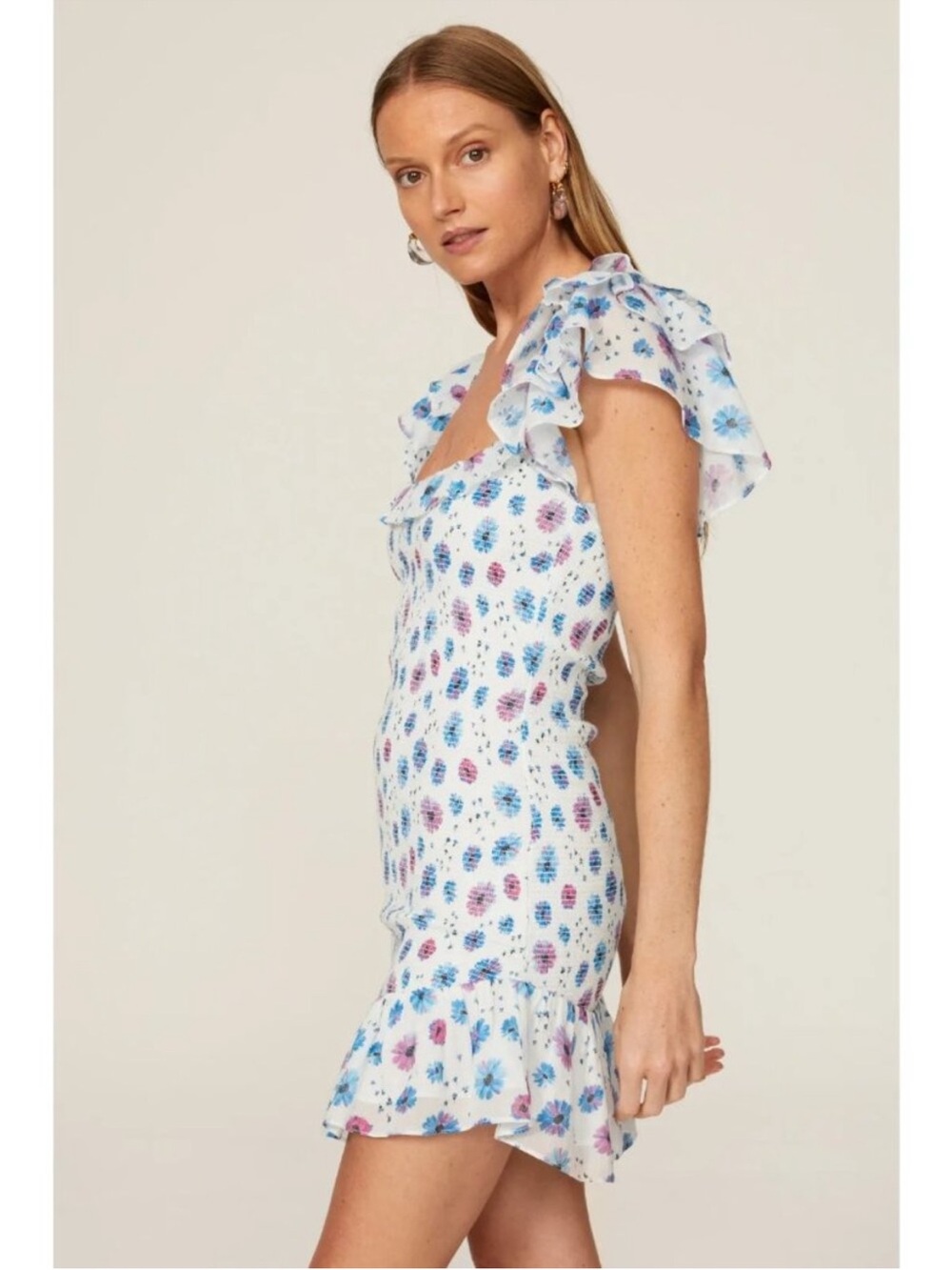 LoveShackFancy White Floral Square-Neck Ruffle Mini Dress